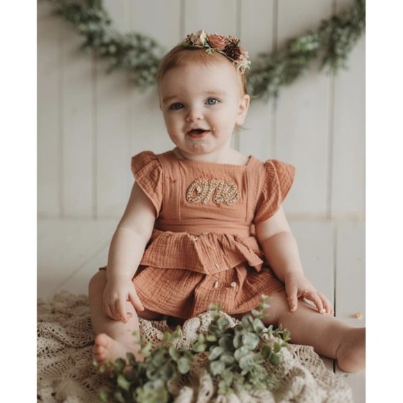 Mocha Ruffles Romper Smash Birthday Outfit Clothes Dusty Brown Dress Fall - Picture 1 of 6